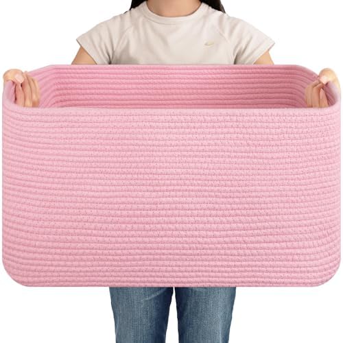 OIAHOMY 75L Large Blanket Basket Woven Storage Basket with Handle Pink by MasterofSpaceOptimization