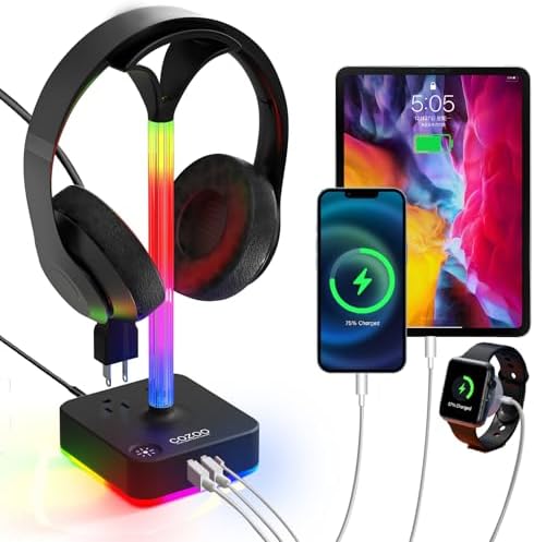 Headphone Stand with Charger, USB C, Gifts for Gamers Men, RGB Black by COZOO