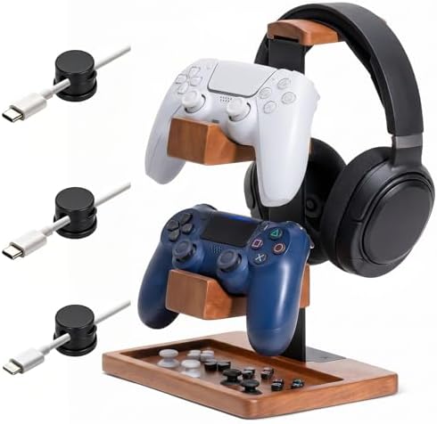Headset Stand with Dual Controller Holder, Solid Wood by Guhiwuk