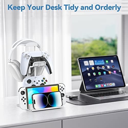 KDD Headphone Stand, Controller Holder & Headset Holder for Desk, Earphone Stand with Aluminum Supporting Bar, Universal Storage Organizer Headphones/Controller/Switch/Mobile Phone(White) - Image 4