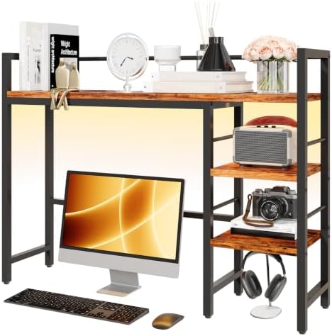 Desk Shelf with LED Light Strip, 3-Tier Storage Desktop Organizer Shelf, 38.6" Wood Desktop Bookshelf for Computer Monitor, Desk Hutch for Home Office Dorm, Rustic by HAVENLYYOUTH