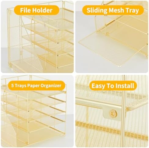 Desk Organizers and Accessories, 5-Tier Paper Letter Tray Organizer with File Holder, Desktop Organizer for Office Supplies (Gold) - Image 3