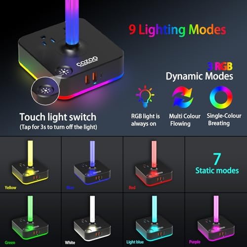 Headphone Stand with Charger, USB C, Gifts for Gamers Men, RGB Black - Image 2