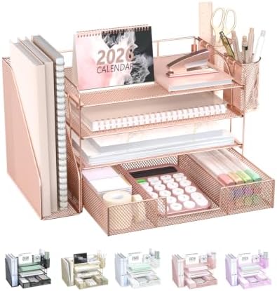WALI Desk File Organizer, 4 Tier Desktop Paper Letter Tray Organizer with Drawer and 2 Pen Holders, Office Desk Accessories & Workspace Organizers for Office, Home, School Supplies, 1 Pack, Rose Gold by WALI