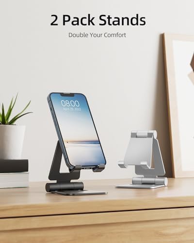 Nulaxy 2 Pack Aluminum Dual Folding Cell Phone Stand for Desk, Black&Silver - Image 2