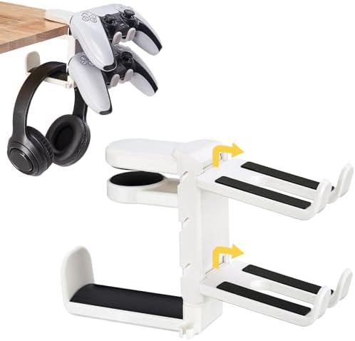 3-in-1 Under Desk Headphone Hanger with Adjustable Clamp Mount, 2 Controller Slots & 1 Headset Universal Holder Stand, Rotatable Hook Rack & Cable Organizer, for Home Gaming Xbox ps5 - White by Unknown