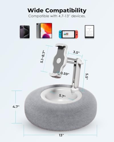 Viozon Tablet Stand with Pillow, Compatible with 4.7"-13" Phone/Tablet, iPad, iPhone, Samsung, Google, Kindle, 360°Adjustable Phone Holder for Bed with Soft Plush Fabric, and Detachable Bowl, Grey - Image 3