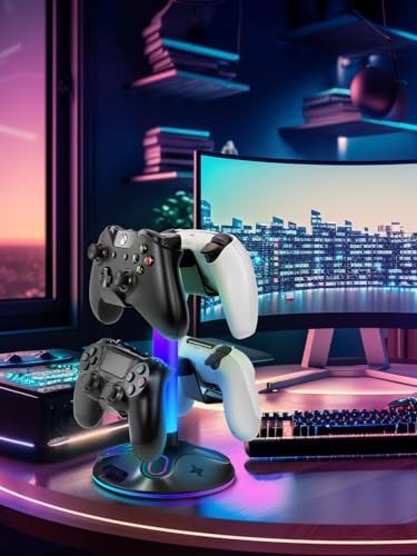 RGB Headphone Stand for Desk, Innovative Headset Stand with 9 Light Modes - Controller Holder with USB Charging and Type-c Port, Gamepad Earphone Accessories (Black) - Image 6