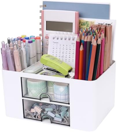Plastic Pen Organizer, Multifunctional Desk Organizer with 2 Drawers, 4 Compartments & a Top Tray, Pencil Holder Desktop Organizers and Accessories for Office, 7.7" x 5.5" x 3.9" (White) by Meiikun