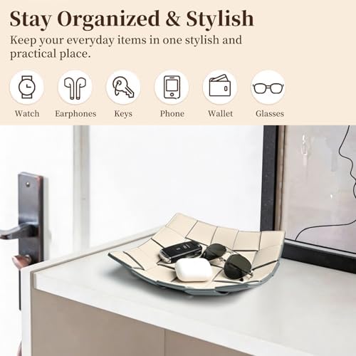 Valet Tray PU Leather Key Holder Bowl for Women and Men Entryway Table Nightstand Desk Tray for Wallet, Keys Men's Gift - Beige & Gray, 9.8" L x 9.8" W x 2" H - Image 3