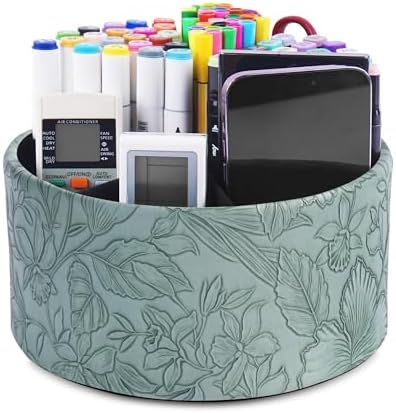 Remote Control Holder, 360°Spinning PU Leather Desk TV Remote Caddy,Desk Storage Box Room Accessories for Controller, Media,Mail,Calculator, Mobile Phone,Pencil(1-Carved Green2) by Hennaja