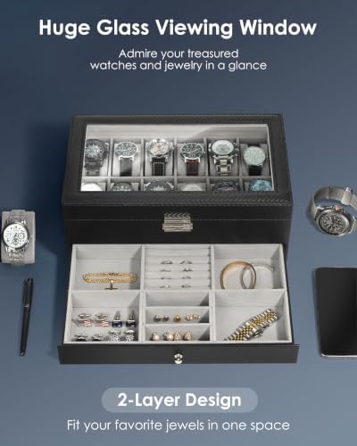 Mens Watch Box Jewelry Organizer,12-Slot 2-Layer Watch Case -Grey - Image 2