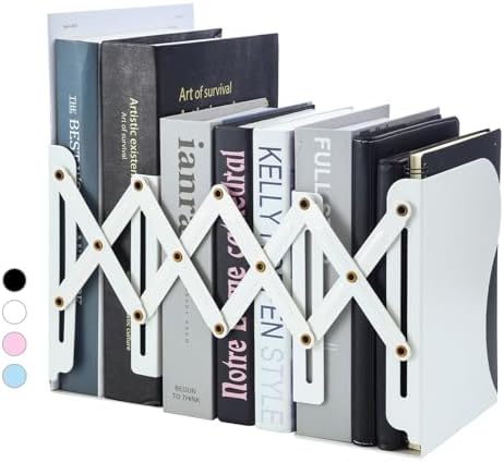 M&G Adjustable Bookends Book Ends for Shelves, Metal Bookend for Heavy Books, Desk Magazine File Organizer Holder Extends up to 20in, Book Stopper for Home, Office, Classroom (White) by MG