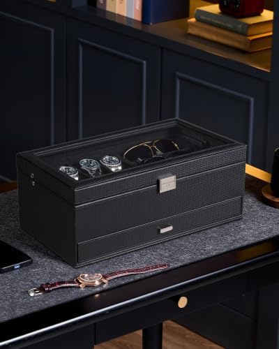 ProCase Mens Jewelry Box, Lockable 8 Slot Watch Case & 3 Slot Sunglasses Organizer, 2-layer Mens Jewelry Organizer Watch Box for Men, Watches Holder Display Storage, Fathers Day Gift -AllBlack - Image 3