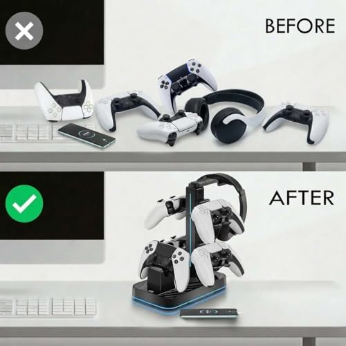 PS5 Controller Charger with Headphone Stand, RGB PS5 Controller Charging Station Dock with 3 USB Ports, Headset and Controllers Holder Stand for PlayStation 5 & DualSense Edge Controllers - Image 5