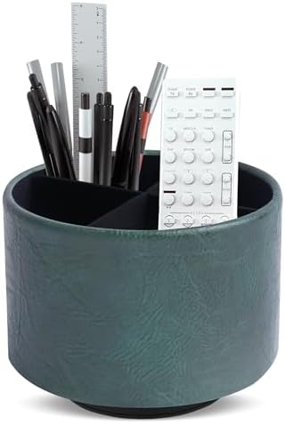 Round Leather Art Supply Organizer,Remote Control Holder,360 Degree Spinning,Multi-Functional Pencil Holder,4 Compartments Desktop Stationary Organizer(1-Crazy Green) by Hennaja