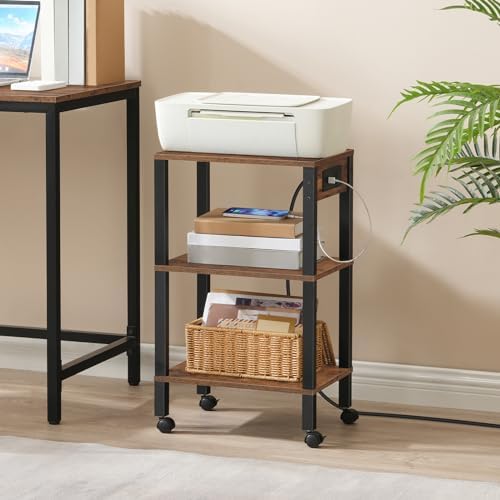 HOOBRO 3-Tier Printer Stand with Charging Station, Under Desk Printer Table, Printer Cart with Storage Shelves, Shelf for Small Spaces, for Home Office, Rustic Brown and Black BF63UPS01 - Image 2