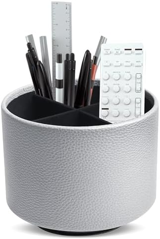 Round Leather Art Supply Organizer,Remote Control Holder,360 Degree Spinning,Multi-Functional Pencil Holder,4 Compartments Desktop Stationary Organizer(1-Lichee Silver) by Hennaja