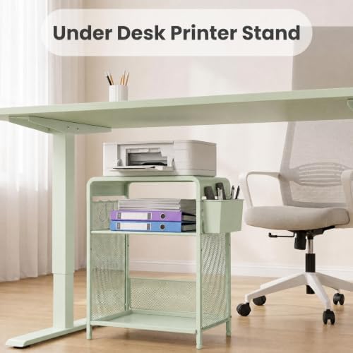 Small 3 Tier Printer Stand for Under Desk, Height Adjustable Shelf Printer Table with 3 S-Hooks & Basket, Heavy Duty Industrial Storage Shelf for Home Office (Sage Green) - Image 3