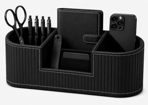 Modern Leather Desk Organizer for Men & Women, Aesthetic Office Desk Accessories Organizer, Faux Leather Vanity Organizer for Pens, Makeup Brushes, Remote Controls, Black Minimalist Desk Decor by KingfomLeatherHomeOfficeDecor