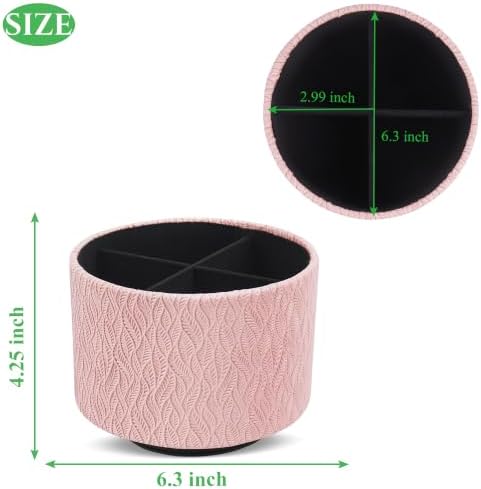 Round Leather Art Supply Organizer,Remote Control Holder,360 Degree Spinning,Multi-Functional Pencil Holder,4 Compartments Desktop Stationary Organizer(1-Leaves Pink) - Image 2