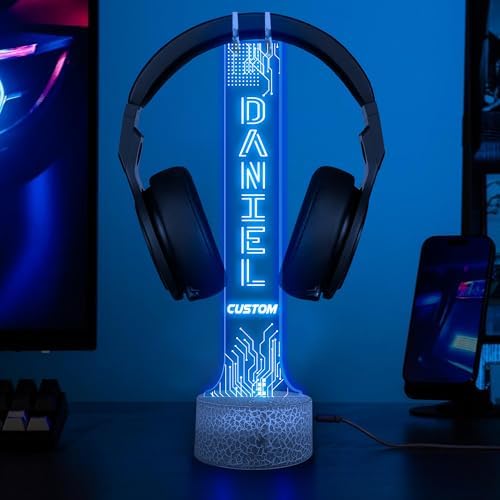 Custom Light up Headphone Stand for Desk, Personalized LED Headphone Stand with Name, Gaming Headset Holder RGB with 16 Color Lights for Game Room Decor, Cool Gamer Gifts for Men Boyfriend by Nazenti