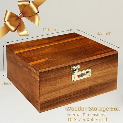 Large Wood Box Decorative Acacia Wooden Storage Box with Combination Lock With Adjustable Divider Wooden Keepsake Box with Hinged Lid Chest Stash Boxes Decorative Lockable Chest Box(Secret Grid) - Image 2
