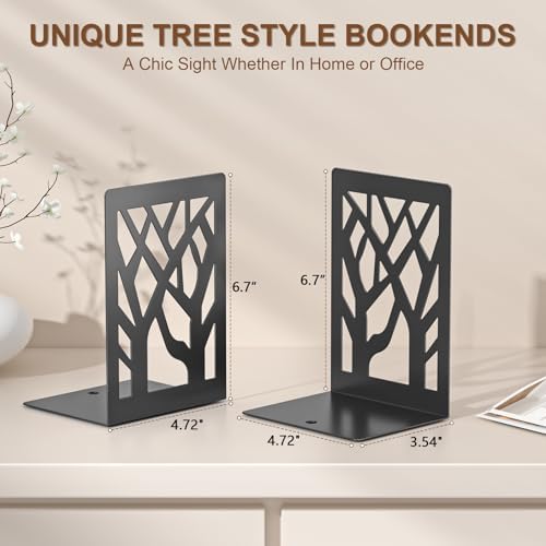 VFINE Book Ends 8 Pieces, Black Metal Decorative Tree Bookends for Shelves - Image 2