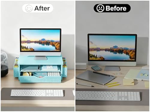 Monitor Stand with Drawer and 2 Pen Holders (Blue) - Image 6