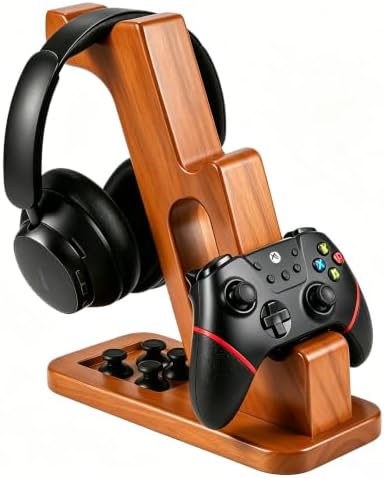 DEQIANG Solid Wood Headphone Stand with Dual Controller Holder (Set-5) by DEQIANG