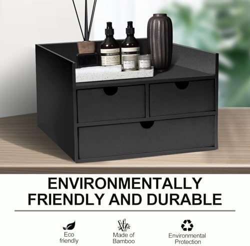 Bamboo Desk Organizer 3 Drawer with Shelf, Countertop Organizer with Drawers Makeup Storage Drawer 3 Drawers Tabletop Storage Organization Box Home Office Workspace（Black） - Image 4