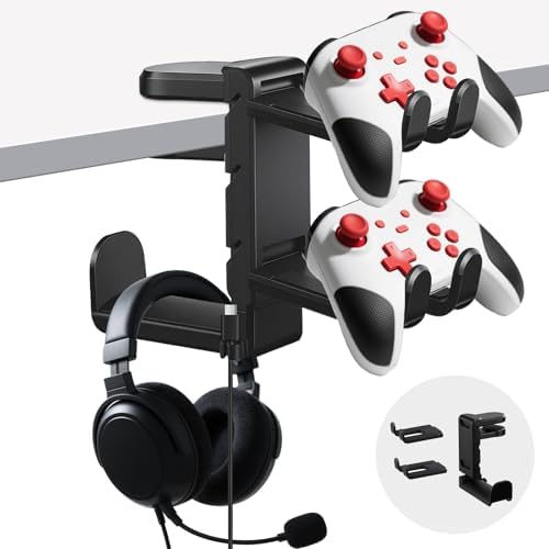Premium Headset Stand & Gaming Headphone & Controller Holder - 360° Adjustable Under Desk Hook with Cable Management, Black - Perfect Desk & PC Accessories by PUOPOSTY