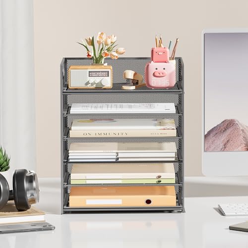 6-Tier Desk Paper Organizer, Desktop File Letter Tray with Handle, Document Sorter and Accessories Holder for Office, Home and School Workspace Organizers, Gray-2 Pack - Image 4
