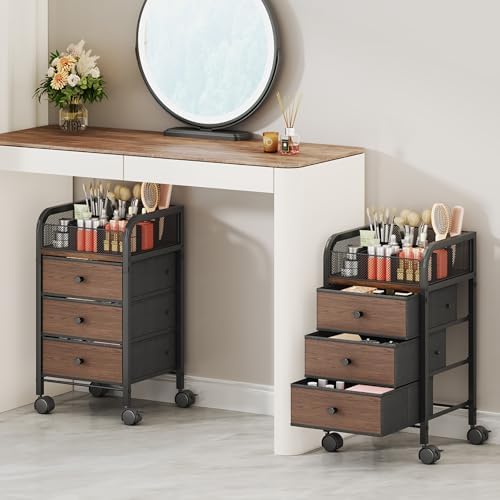 Rolling Makeup Organizer Cart - Under Desk Vanity Makeup Storage with 3 Non-woven Drawers, Nail Cart Organizer Cosmetic Display Cases Cabinet for Skin Care Perfume Nail Polish Brush Hair Tool by SwtyMiki-TidyHomeSweetLife
