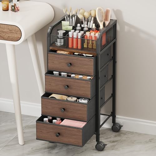 Rolling Makeup Organizer Cart - Under Desk Vanity Makeup Storage with 4 Non-woven Drawers, Nail Cart Organizer Cosmetic Display Cases Cabinet for Skin Care Perfume Nail Polish Brush Hair Tool - Image 5