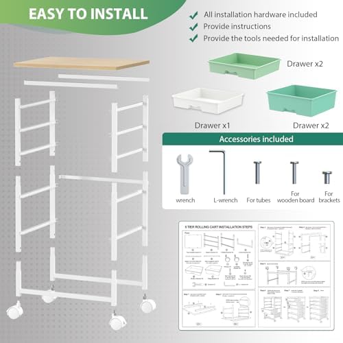 Rolling Cart with 5 Drawers for Craft, Art, Dorm, Office, Green - Image 6