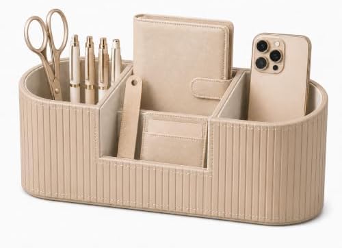 Aesthetic Desk Organizer for Women, Luxury Faux Leather Desk Accessories with 4 Compartments, Minimalist Vanity Organizer for Makeup Brushes, Beige Office Decor for Home, Bedroom & Workspace by KingfomLeatherHomeOfficeDecor