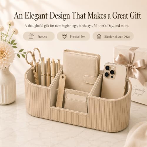 Aesthetic Desk Organizer for Women, Luxury Faux Leather Desk Accessories with 4 Compartments, Minimalist Vanity Organizer for Makeup Brushes, Beige Office Decor for Home, Bedroom & Workspace - Image 7