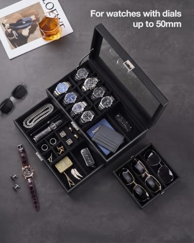 ProCase Mens Jewelry Box, Lockable 8 Slot Watch Case & 3 Slot Sunglasses Organizer, 2-layer Mens Jewelry Organizer Watch Box for Men, Watches Holder Display Storage, Fathers Day Gift -AllBlack - Image 2
