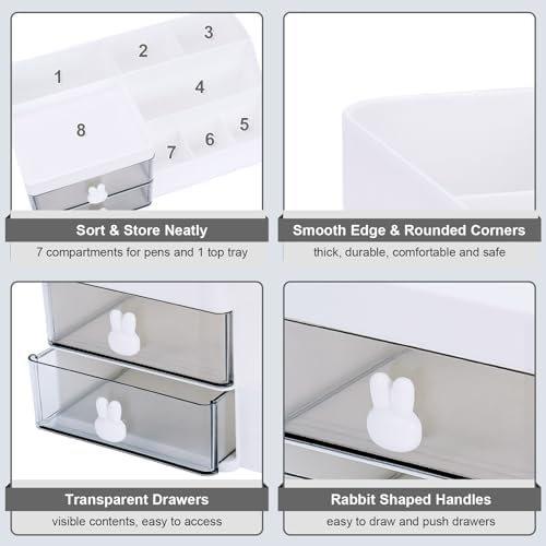 Desk Organizer, Makeup Organizer with 2 Drawer, 7 Compartment & a Top Tray, Desktop Organizers and Storage for Women, Cute Home organization Bathroom, 11" x 5.7" x 4.7" (White) - Image 5