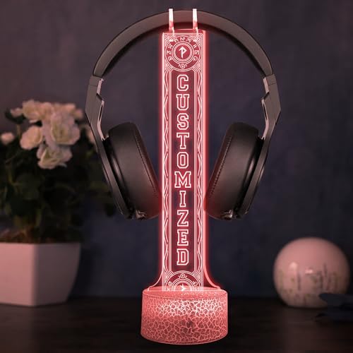 Personalized Light up Headphone Stand for Desk, Custom LED Headphone Stand with Name, Gaming Headset Holder RGB with 16 Color Lights for Game Room Decor, Cool Gamer Gifts for Men Boyfriend by Nazenti