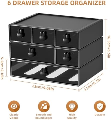 Marbrasse Desk Organizer with 6 Drawers, 3 Tier Stackable Storage Drawers Plastic Makeup Storage, Office Organizers and Storage, Desk Storage Box for Office, School, Home Black - Image 2