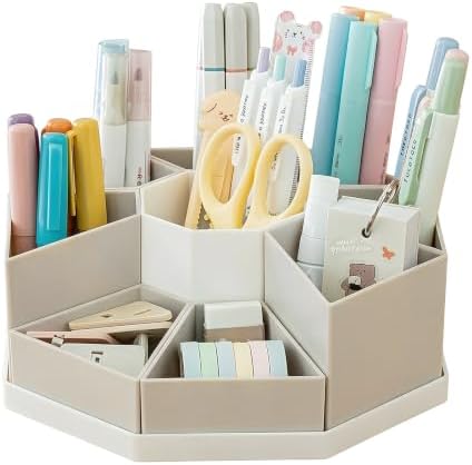 360 Degree Rotating Desk Organizer Caddy with 9 Compartments, Large Capacity Detachable Pencil Holder for Desk, Desktop Storage for Office, School, Home, Dressing Table (Greige with White Base) by Chemlliy