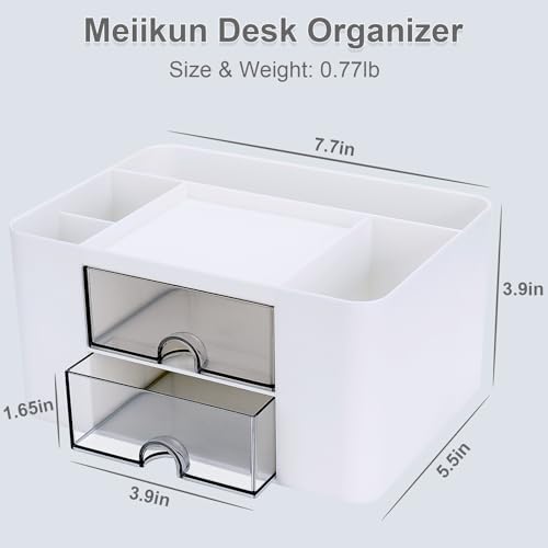 Plastic Pen Organizer, Multifunctional Desk Organizer with 2 Drawers, 4 Compartments & a Top Tray, Pencil Holder Desktop Organizers and Accessories for Office, 7.7" x 5.5" x 3.9" (White) - Image 2