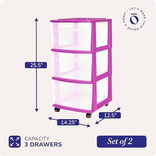 HOMZ Drawer Tower, 3-Tier Storage Cart w/ Removable Wheels, Purple, 2 Pack - Image 3
