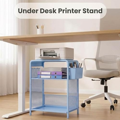 Small 3 Tier Printer Stand for Under Desk, Height Adjustable Shelf Printer Table with 3 S-Hooks & Basket, Heavy Duty Industrial Storage Shelf for Home Office (Blue) - Image 4