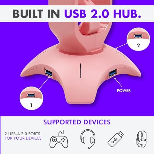 Cute Headphone Stand Pink | Headset Stand with RGB, Mouse Bungee Holder, and 2 Port USB Hub Charger - Desk Gaming Accessories - Image 3