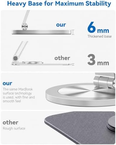 Phone Stand for Desk, 360° Rotating Dual Adjustable Foldable Cell Phone Holder, Heavy Solid All-Aluminum Base Anti-Slip Stable Support for Home Office Study, Fits iPhone Galaxy 4-8" Phones - Image 4
