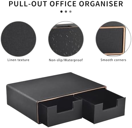 Linen Leather Desk Organizer and monitor stand with Drawers－Mini Desktop Drawer Organizer Stackable－Tabletop Organization Storage Box for Office Supplies Home Vanity Toiletries (Black, 2-drawers) - Image 5