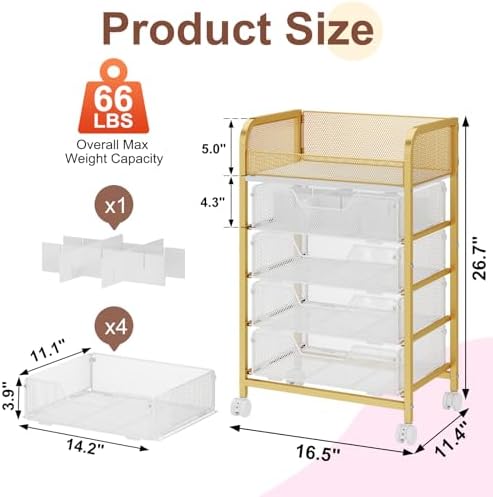 Makeup Cart Organizer with 4 Drawers, Large Floor Skincare Organizers, Vanity Storage Organizer Cosmetics Display Cases for Skin Care Perfume Nail Polish, Gold - Image 6